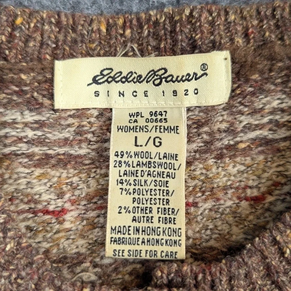 Eddie Bauer Womens Large Brown Fair Isle Wool Silk Blend Henley Sweater L